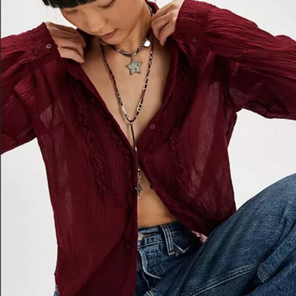 Free People Tops - Free People FP One Drew Tuxedo Shirt Ruffle Gauze Button Top S